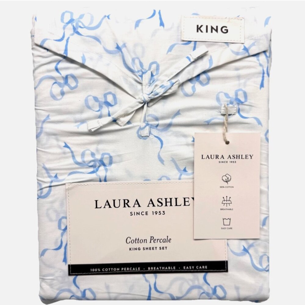 4pc Laura Ashley KING Sheet Set Blue TRAILING BOWS Coquette Ribbon Cottage Chic